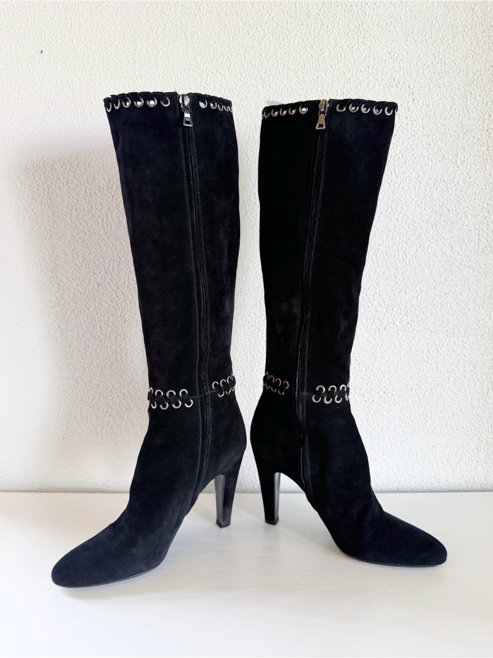 Prada Black Suede Whipstitch Eyelet Knee High Heeled Boots EU 39 - Picture 4 of 11